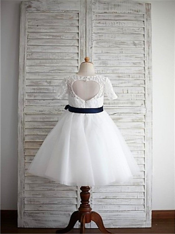 Scoop Sash/Ribbon/Belt Tea-Length A-line/Princess 1/2 Sleeves Tulle Flower Girl Dresses