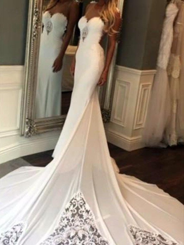 Sleeveless Cathedral Train Trumpet/Mermaid Applique Sweetheart Lace Wedding Dresses