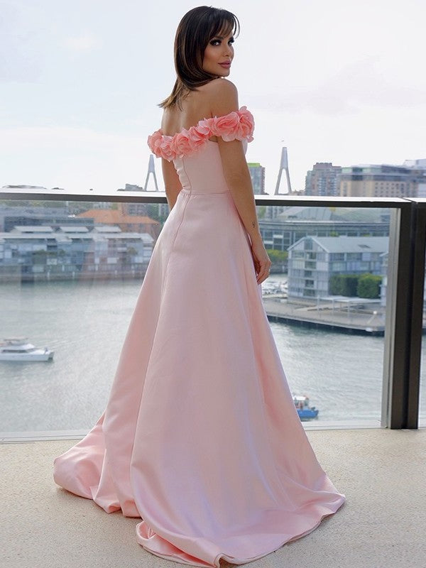 Satin Off-the-Shoulder Sleeveless Flower Hand-Made A-Line/Princess Sweep/Brush Train Dresses