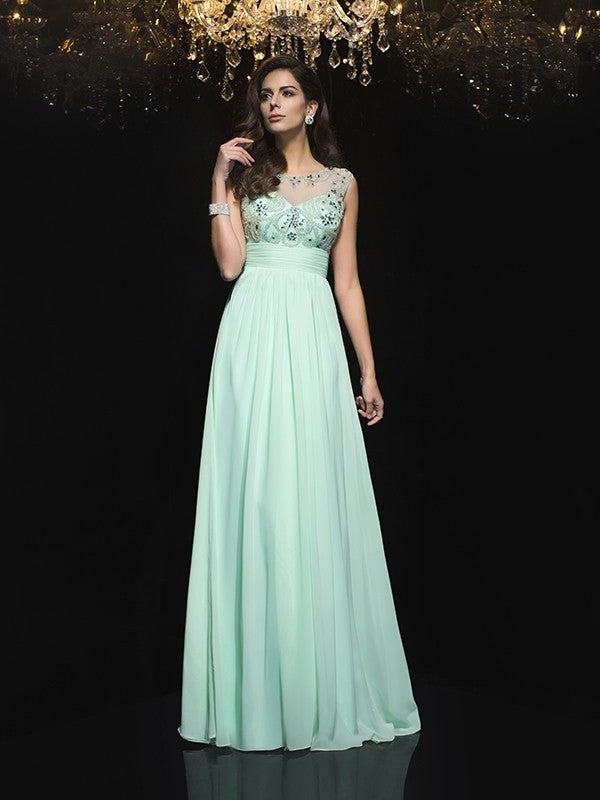 Sheer Sleeveless A-Line/Princess Neck Beading Long Chiffon Dresses