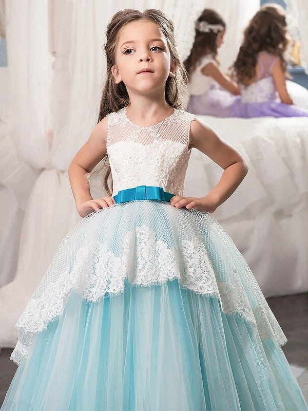 Gown Floor-Length Tulle Sleeveless Ball Sash/Ribbon/Belt Jewel Flower Girl Dresses