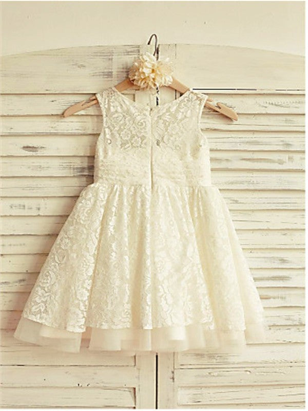 Scoop Sleeveless Ruffles A-line/Princess Tea-Length Lace Flower Girl Dresses