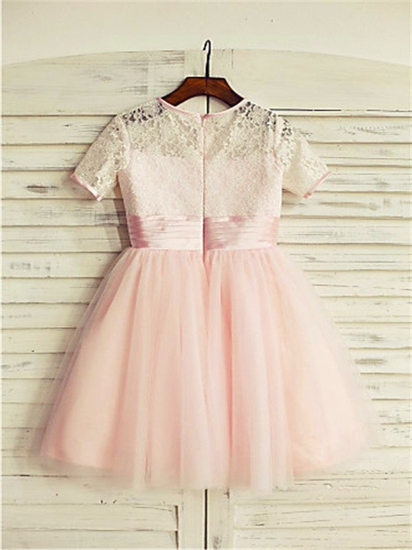 Tea-Length Jewel A-line/Princess Sleeves Lace Tulle Short Flower Girl Dresses