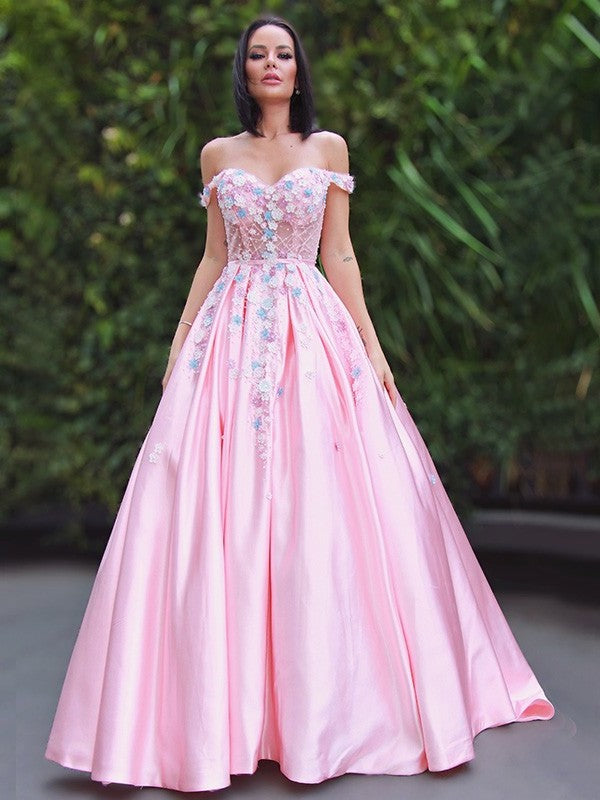 A-Line/Princess Sleeveless Off-the-Shoulder Satin Applique Sweep/Brush Train Dresses