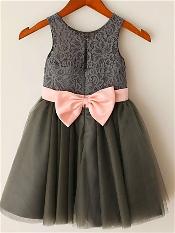 Tea-Length A-line/Princess Bowknot Tulle Scoop Sleeveless Flower Girl Dresses