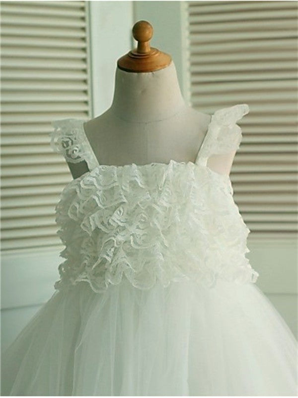 A-line/Princess Organza Sleeveless Straps Ruffles Tea-Length Flower Girl Dresses