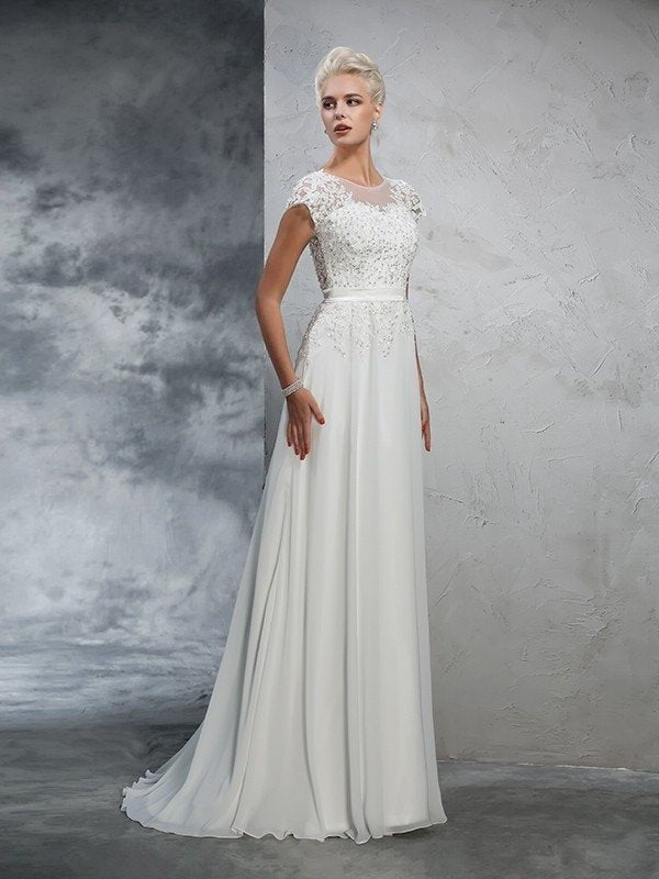 Short Neck Long Sheer A-Line/Princess Applique Sleeves Chiffon Wedding Dresses