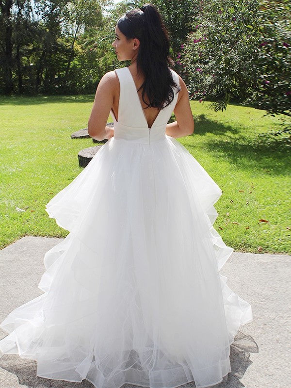 Gown Organza Ruffles V-neck Ball Sleeveless Floor-Length Wedding Dresses