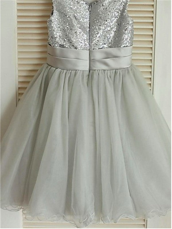 Sleeveless Tea-Length Sequin A-line/Princess Scoop Tulle Flower Girl Dresses