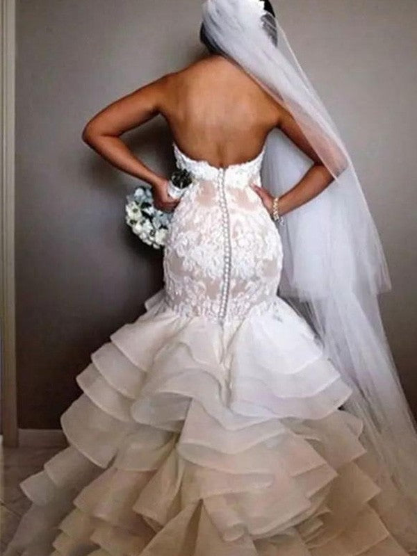 Train Sleeveless Applique Lace Trumpet/Mermaid Ruffles Chapel Sweetheart Organza Wedding Dresses