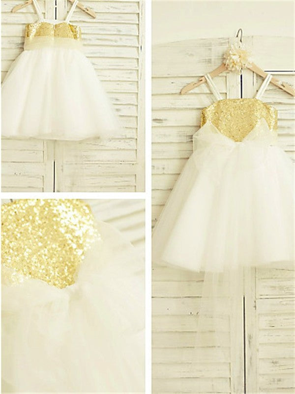 Spaghetti Sleeveless Tulle Sequin Straps A-line/Princess Tea-Length Flower Girl Dresses