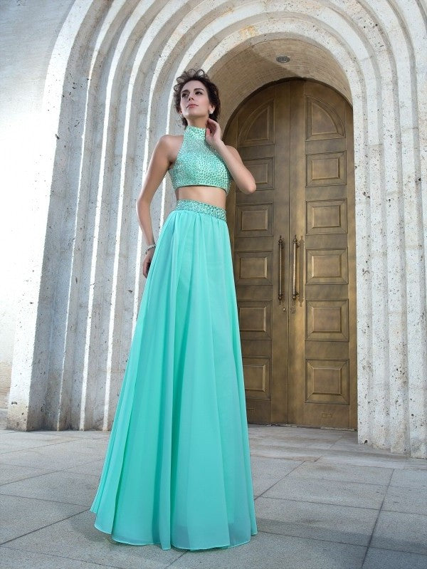 High Chiffon Sleeveless Long A-Line/Princess Neck Beading Two Piece Dresses