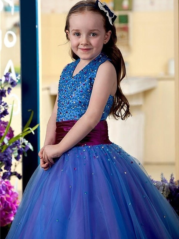 Halter Sleeveless Floor-Length Ball Sequins Tulle Gown Flower Girl Dresses