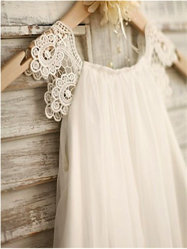 Tea-Length Chiffon Lace A-line/Princess Scoop Sleeveless Flower Girl Dresses