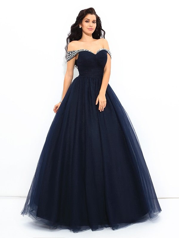 Beading Gown Off-the-Shoulder Sleeveless Long Ball Net Quinceanera Dresses