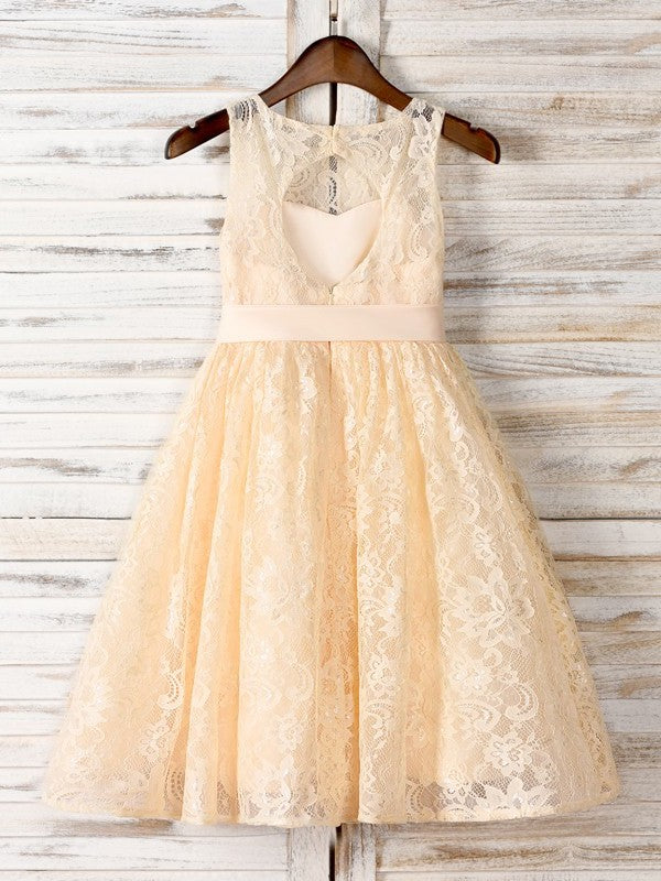 A-Line/Princess Tea-Length Scoop Sash/Ribbon/Belt Sleeveless Lace Flower Girl Dresses