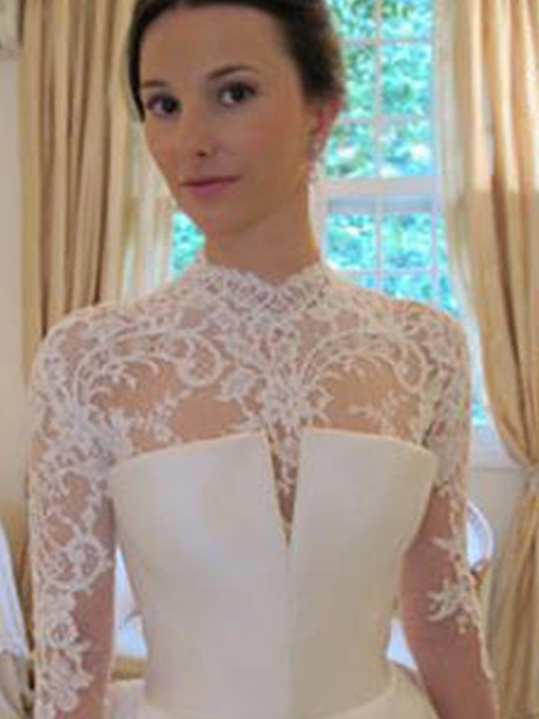 Gown High Satin Lace Neck Sleeves Chapel Ball Long Train Wedding Dresses