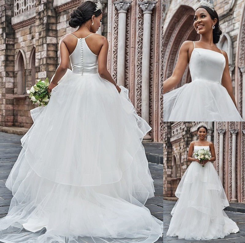 Ruffles Sweep/Brush Spaghetti Straps Sleeveless A-Line/Princess Tulle Train Wedding Dresses