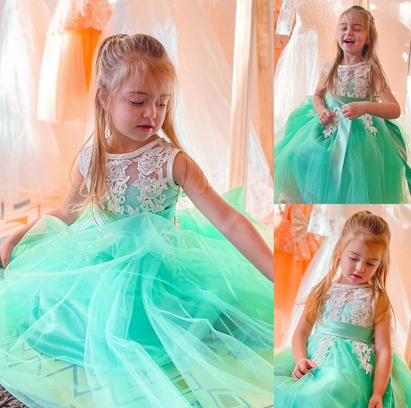 Sleeveless Knee-Length Applique A-Line/Princess Scoop Tulle Flower Girl Dresses