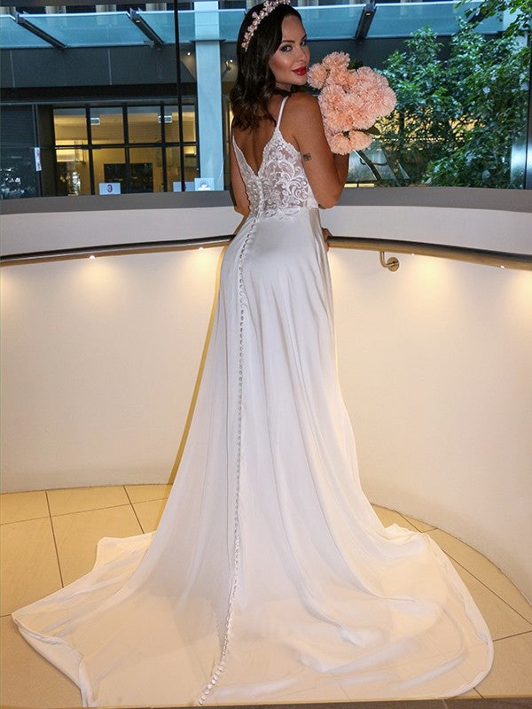 Sleeveless Sweep/Brush Ruffles Straps Spaghetti A-Line/Princess Charmeuse Train Wedding Dresses