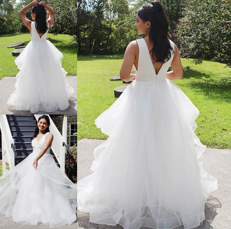 Gown Organza Ruffles V-neck Ball Sleeveless Floor-Length Wedding Dresses