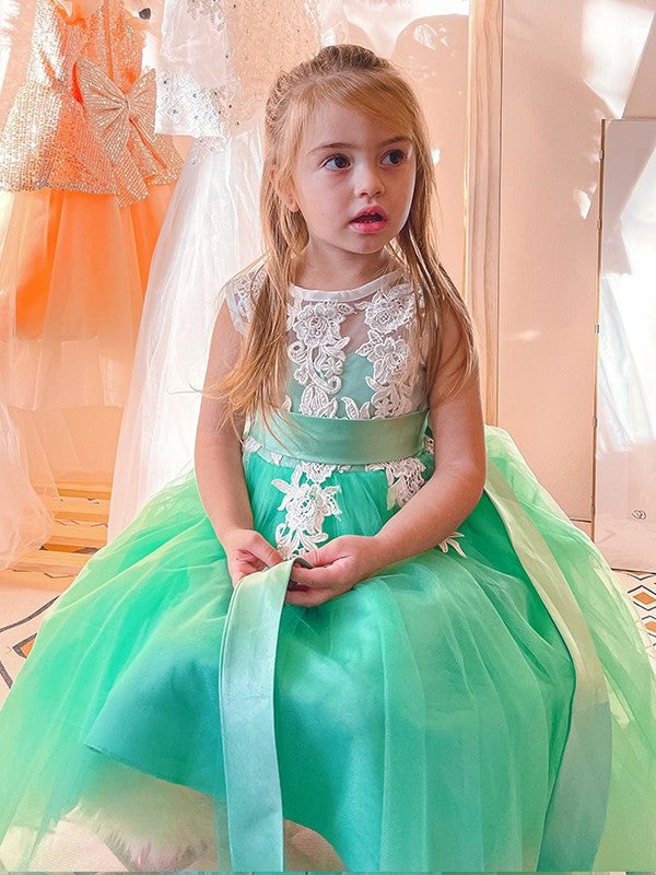 Sleeveless Knee-Length Applique A-Line/Princess Scoop Tulle Flower Girl Dresses