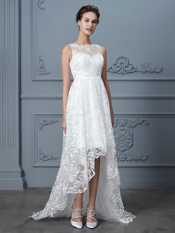 Sleeveless Scoop Asymmetrical A-Line/Princess Lace Wedding Dresses