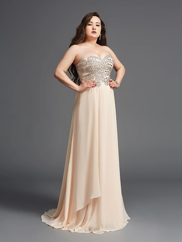 Rhinestone A-Line/Princess Sleeveless Chiffon Sweetheart Long Plus Size Dresses