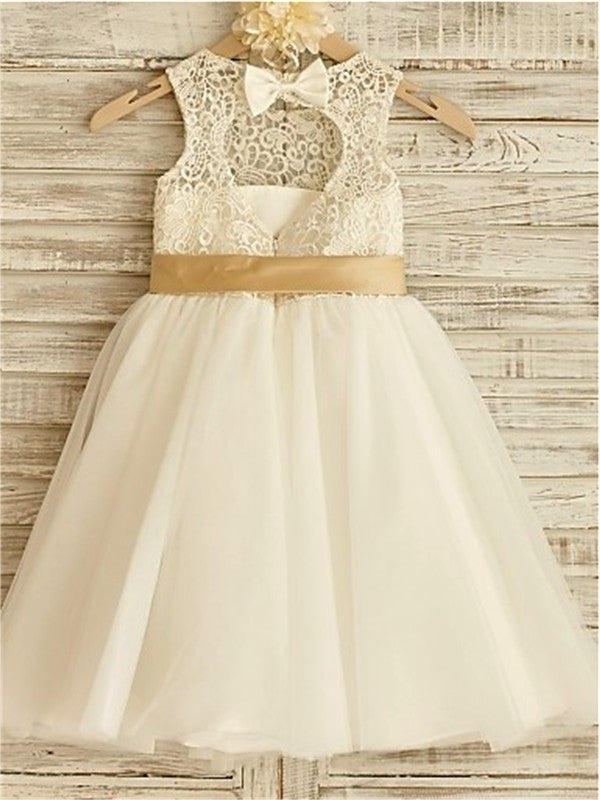 Sleeveless Scoop Bowknot Knee-Length A-line/Princess Tulle Flower Girl Dresses