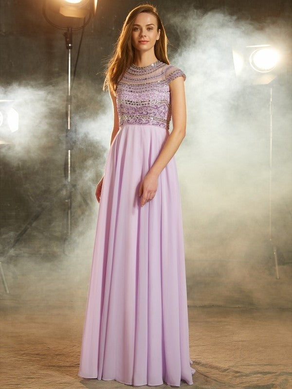 Short Floor-Length Scoop A-Line/Princess Sleeves Beading Chiffon Dresses