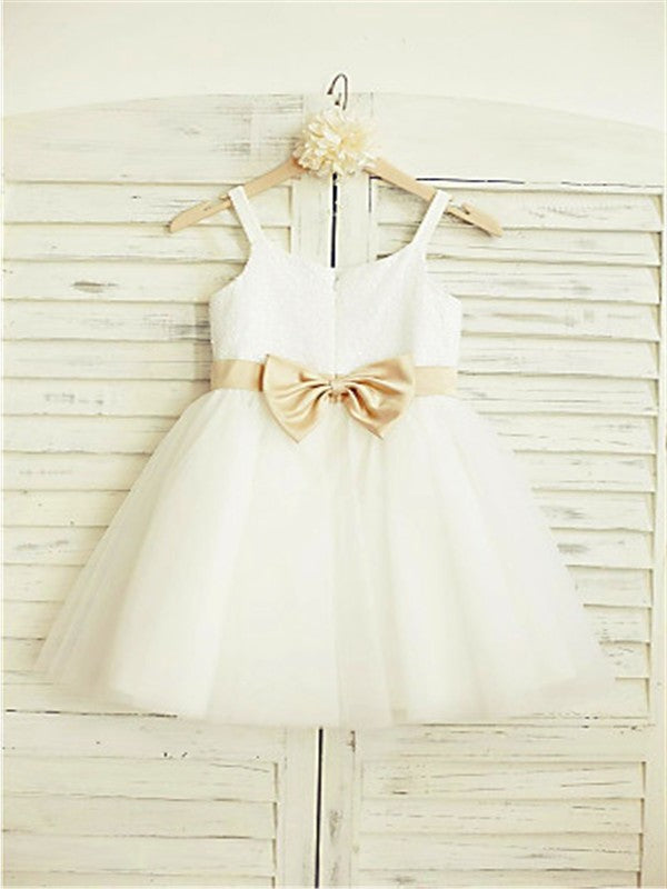 Knee-Length A-line/Princess Tulle Bowknot Straps Sleeveless Spaghetti Flower Girl Dresses