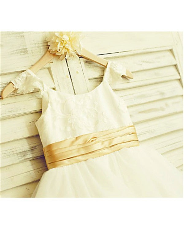 Straps A-line/Princess Tea-Length Spaghetti Tulle Sleeveless Lace Flower Girl Dresses