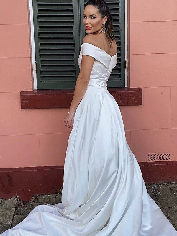 Court Ruched Satin Sleeveless A-Line/Princess Off-the-Shoulder Train Wedding Dresses