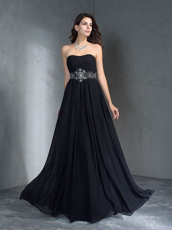 A-Line/Princess Beading Strapless Sleeveless Long Chiffon Dresses