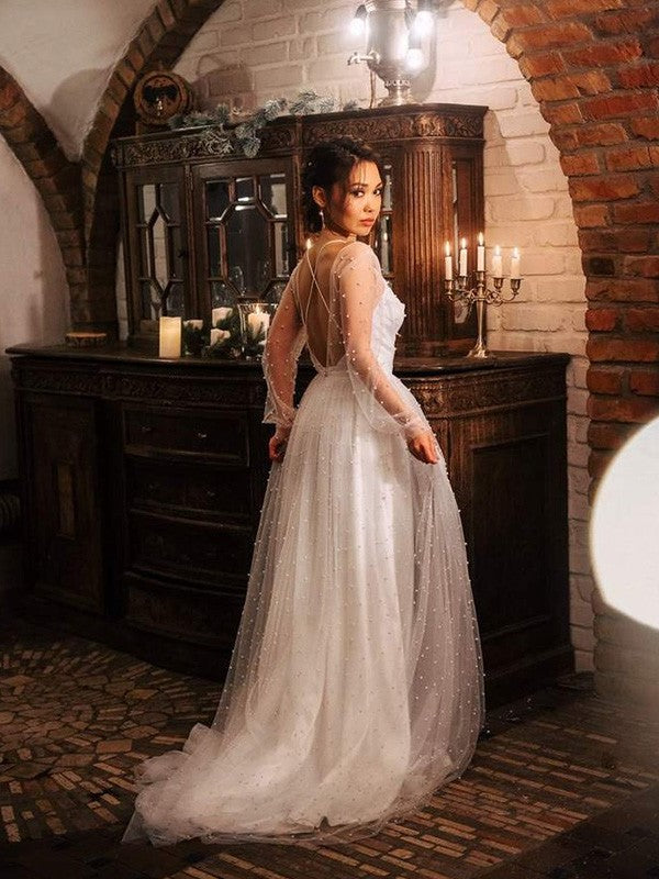 Beading Long Sweep/Brush Tulle Sleeves A-Line/Princess Scoop Train Wedding Dresses