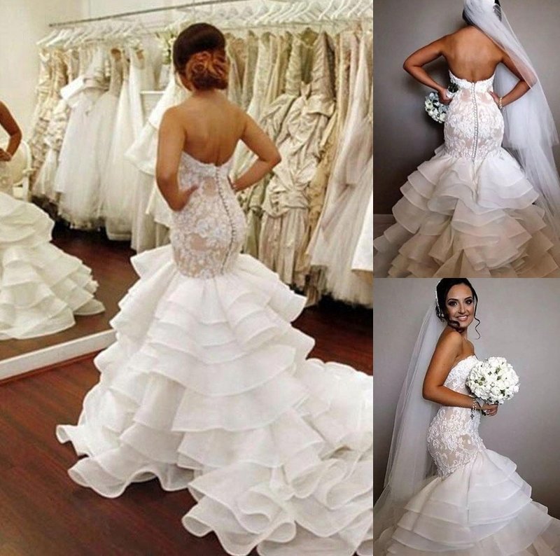 Train Sleeveless Applique Lace Trumpet/Mermaid Ruffles Chapel Sweetheart Organza Wedding Dresses