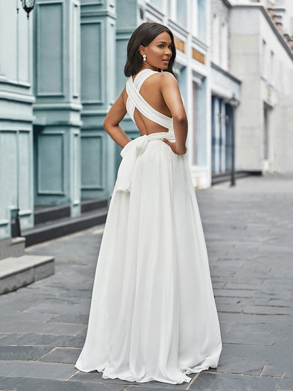 A-Line/Princess Sleeveless Chiffon Ruched Halter Floor-Length Wedding Dresses