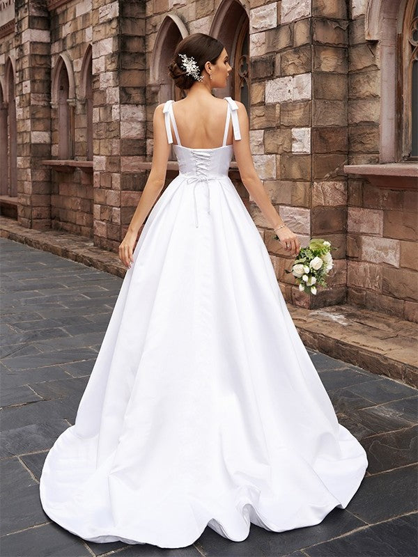 Straps Sweep/Brush Sleeveless Ruffles Satin A-Line/Princess Train Wedding Dresses