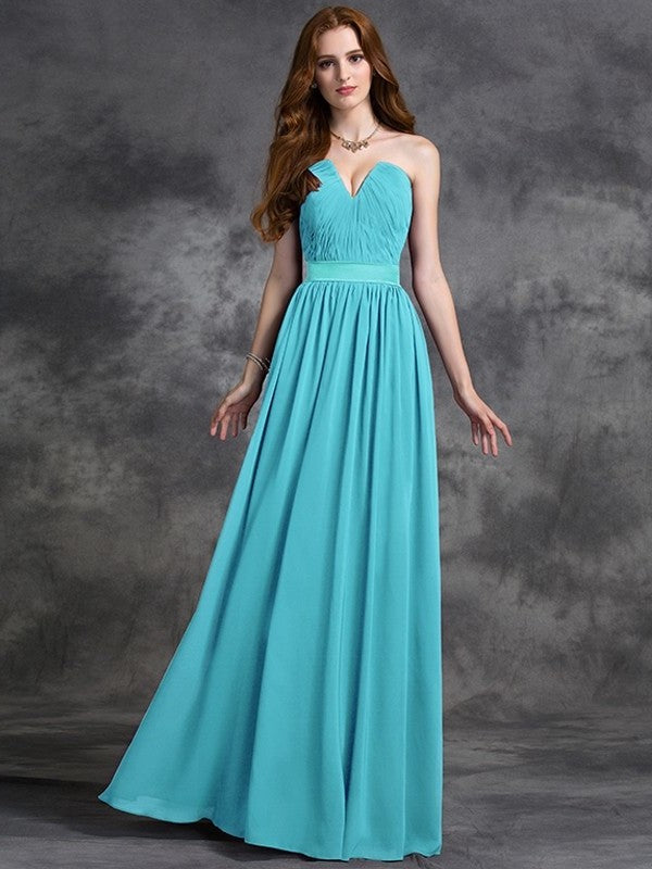 Ruched A-line/Princess Sleeveless Sweetheart Long Chiffon Bridesmaid Dresses