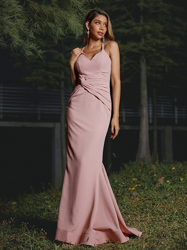 Sheath/Column Ruched Crepe V-neck Stretch Sleeveless Floor-Length Bridesmaid Dresses