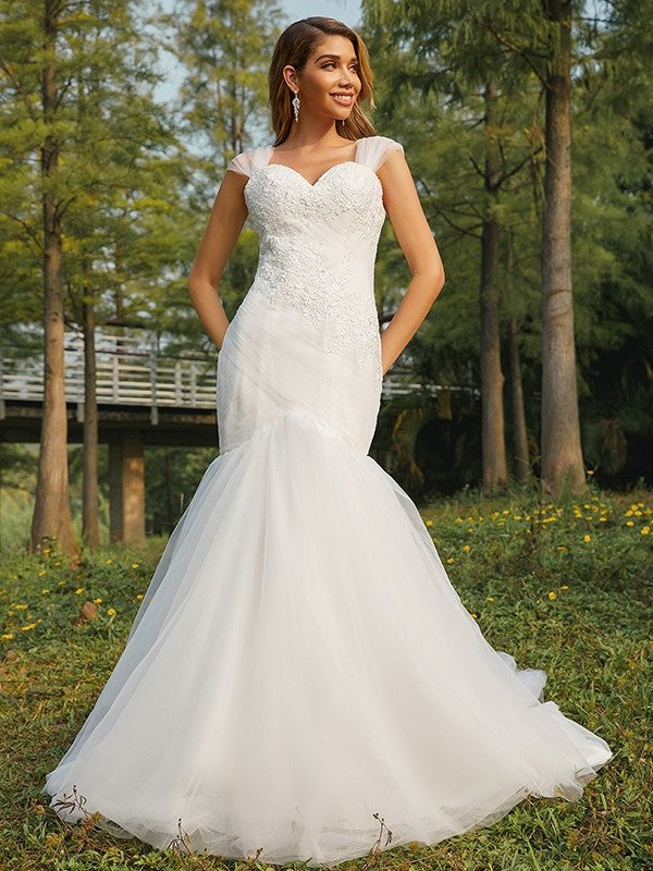 Sweetheart Applique Trumpet/Mermaid Tulle Sleeveless Sweep/Brush Train Wedding Dresses