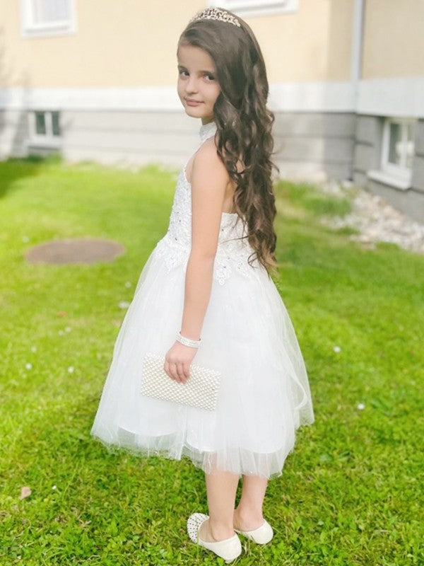 A-Line/Princess Lace Knee-Length Halter Tulle Sleeveless Flower Girl Dresses