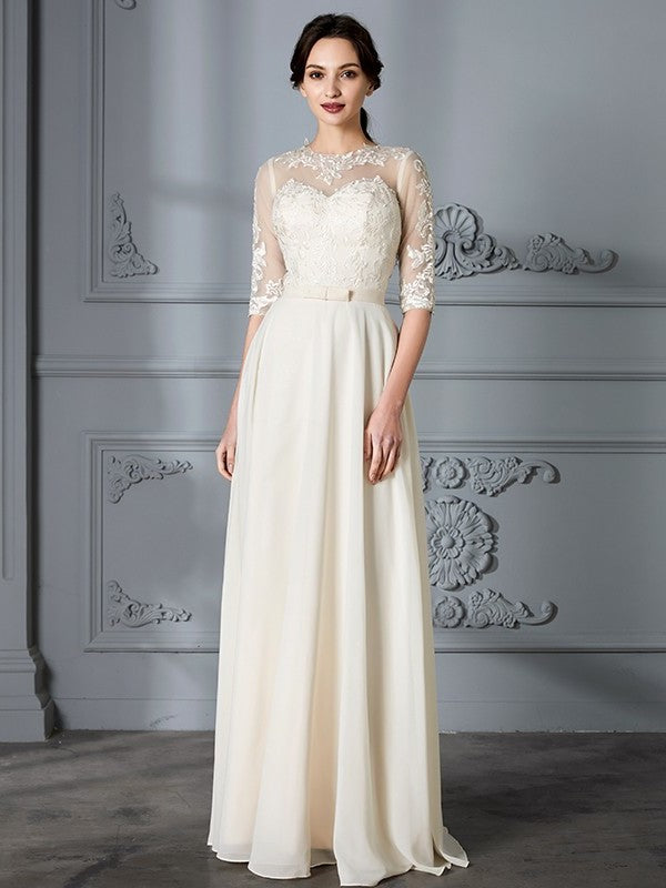 Sleeves A-Line/Princess Scoop Floor-Length 1/2 Chiffon Wedding Dresses