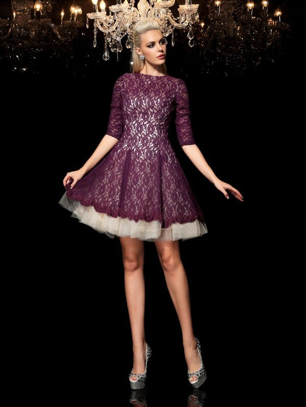 A-Line/Princess Michaela Sheer Neck Lace 1/2 Homecoming Dresses Sleeves Short Lace Cocktail Dresses