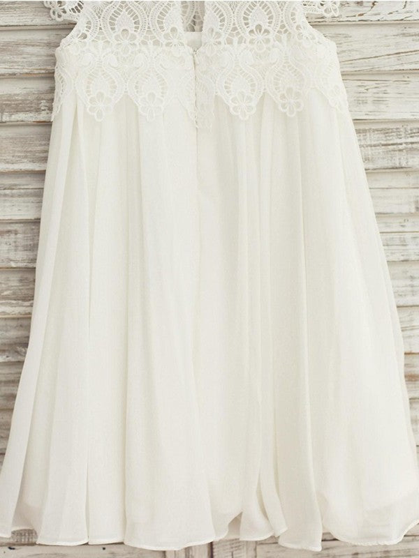 Chiffon Short Lace Sleeves A-Line/Princess Scoop Knee-Length Flower Girl Dresses