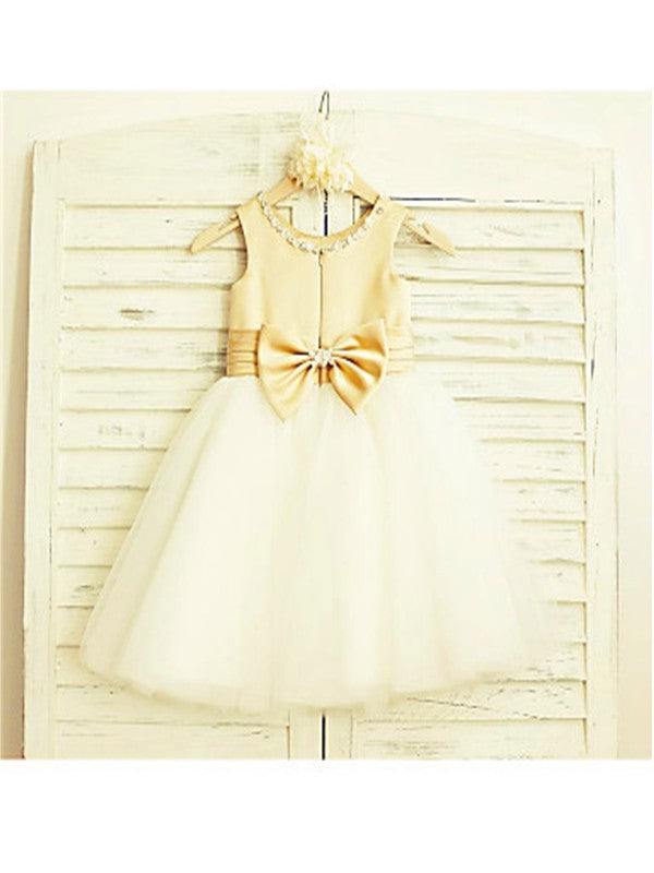 Tulle Bowknot Tea-Length A-line/Princess Scoop Sleeveless Flower Girl Dresses