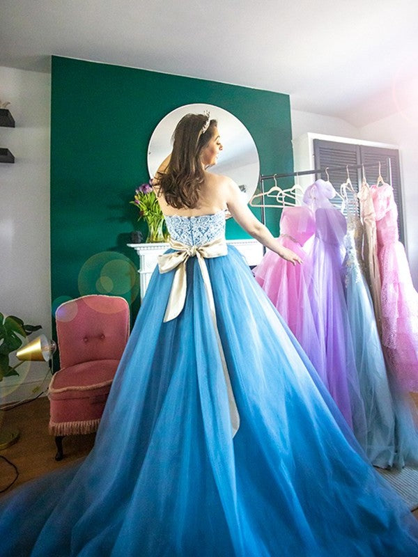 Tulle Train Ball Sweep/Brush Gown Sleeveless Sweetheart Applique Dresses