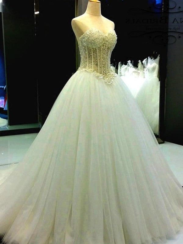 Court Ball Sweetheart Train Beading Gown Tulle Sleeveless Wedding Dresses