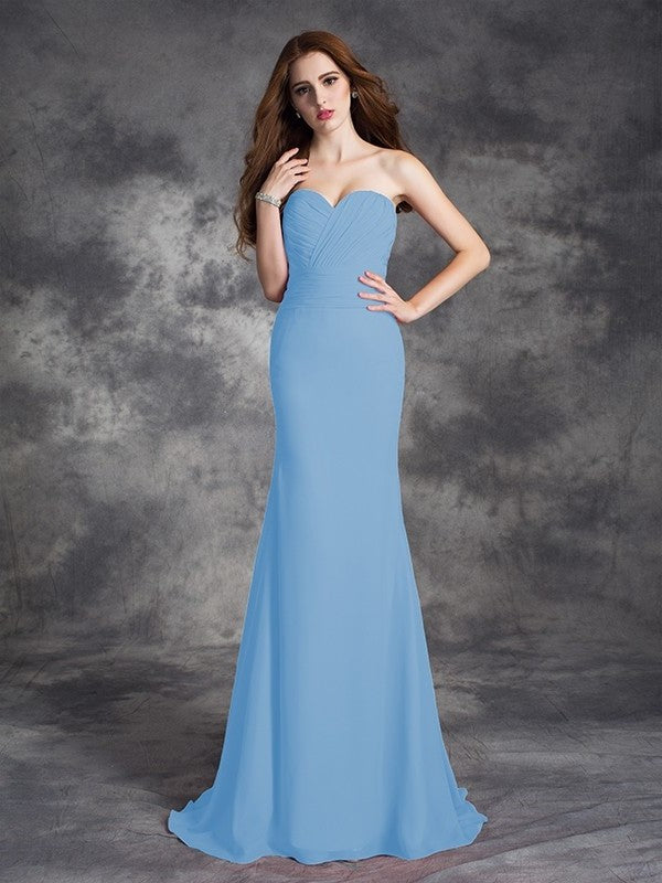 Sweetheart Sleeveless Long Ruched Trumpet/Mermaid Chiffon Bridesmaid Dresses