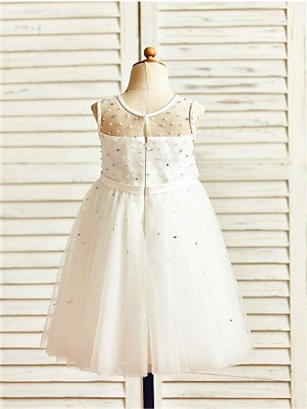 Hand-made Flower Tea-Length Sleeveless Tulle Scoop A-line/Princess Flower Girl Dresses